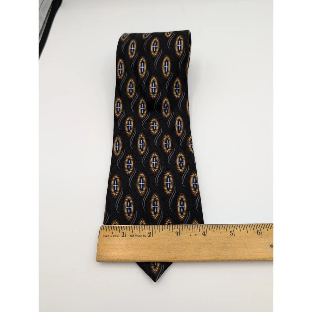 Vintage J.Z.‎ Richards Silk Tie Black Geometric Oval Medallion Pattern Made USA